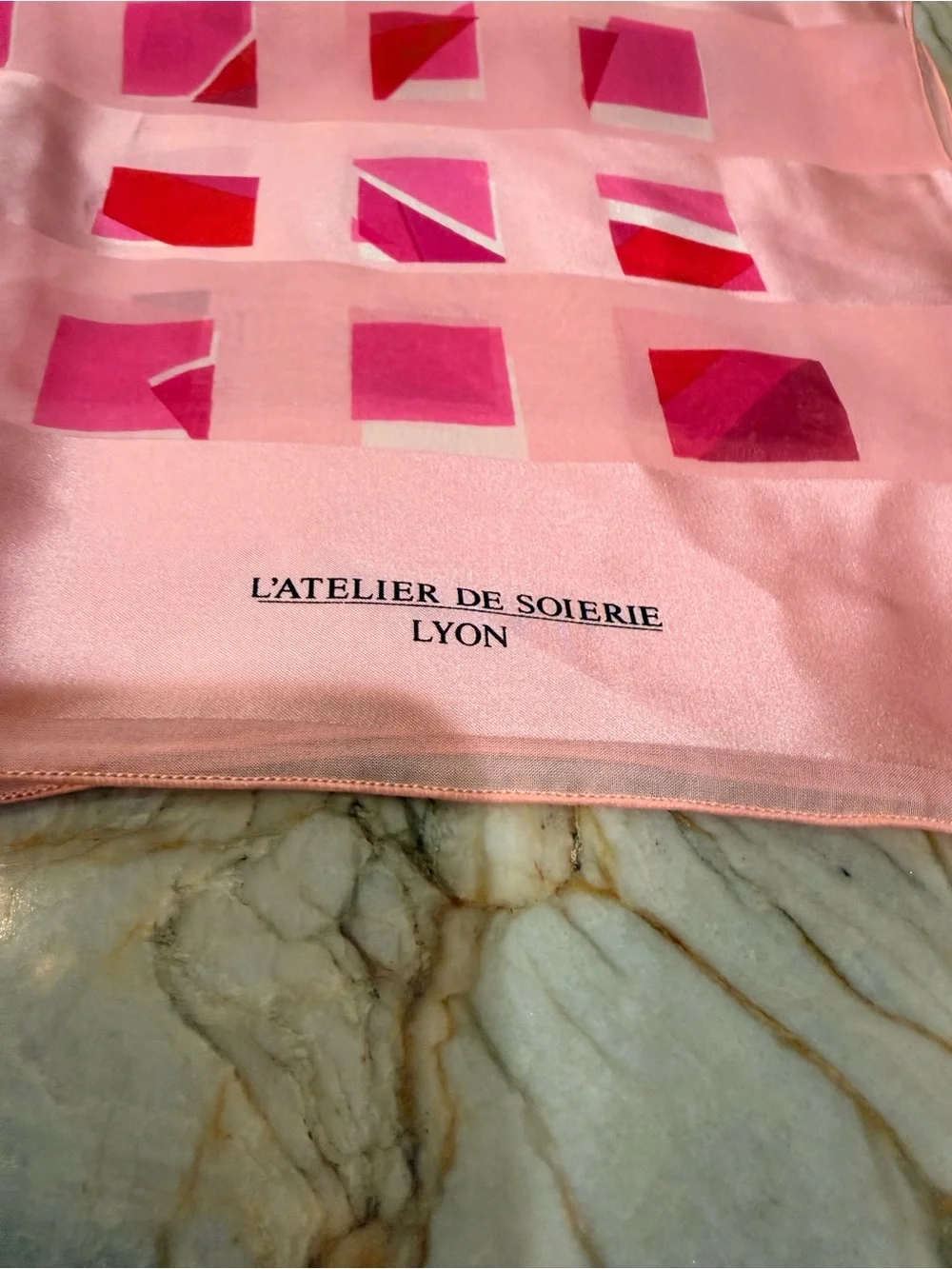 French Silk Scarf Brochier Soieries L’Atelier de Soierie Lyon Pink Geometric